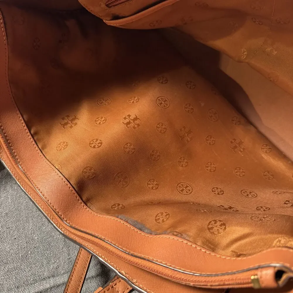 Tory Burch Large York Gold Buckle Saffiano Tan Cognac Leather Tote Bag READ